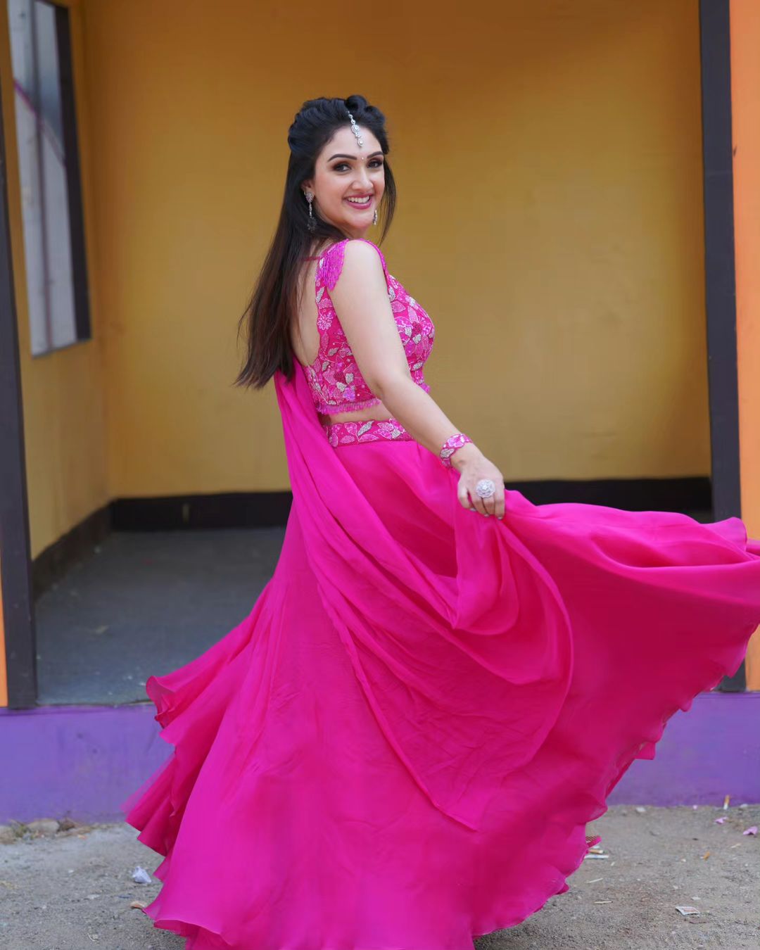 Telugu TV Actress Sridevi Vijaykumar in Pink Lehenga Choli